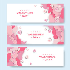Happy Valentine's Day Paper Cut Horizontal Banner. 3D Paper Hearts, Clouds with Frame. Modern Cute Love Banner, Voucher, Brochure, Greeting card or Sale Template. Vector Illustration. Place for text.