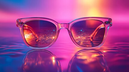Sunglasses with mirrored lenses, one-color backdrop, reflective highlights 