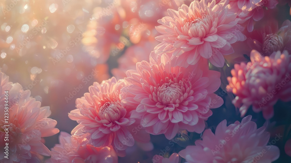 Poster soft blooming chrysanthemums in a serene garden setting with gentle light and bokeh effect for peace