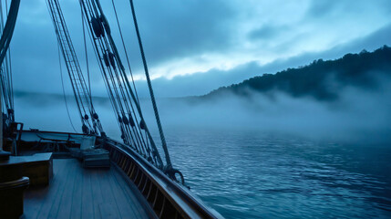Sailboat in Fog Over Tranquil Waters at Sunrise with Scenic Ocean View