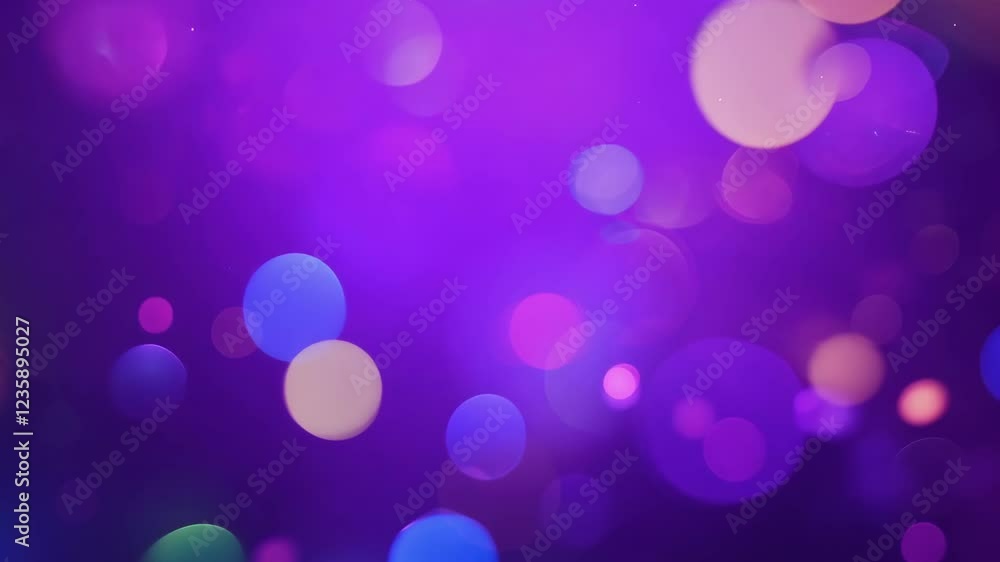 Poster abstract purple background with multi-coloured bokeh lights and flowing particles for a dreamy atmos