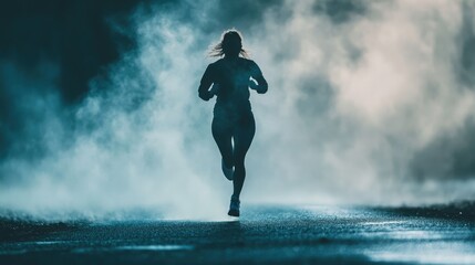 A female athlete sprinting through a foggy morning, breath visible in the cold air, determination in every stride, raw and atmospheric running moment