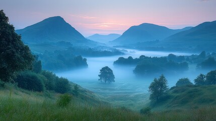 Misty valley sunrise, idyllic landscape, tranquil dawn