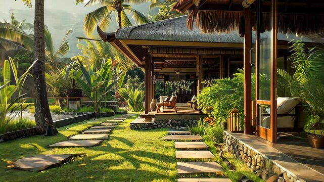 Tropical Villa Retreat: A tranquil Bali-style villa nestled amongst lush greenery, featuring a spacious veranda and stone pathway. Sunlight streams through the palm trees.