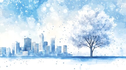 Fototapeta premium Snowy city skyline with tree, winter scene, tranquil view, background use