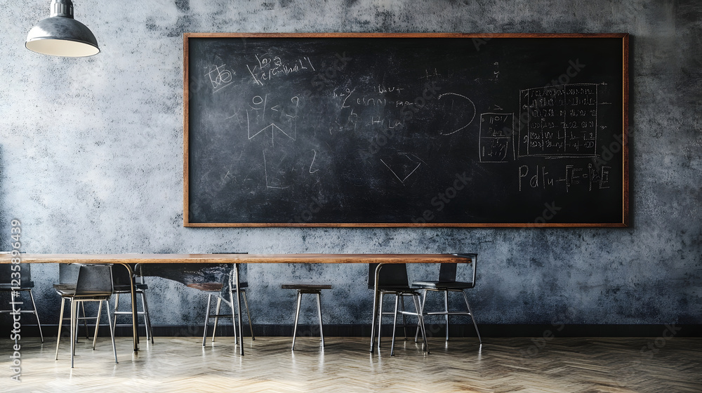 Leinwandbilder spacious and minimalist classroom with a large chalkboard on the wall simple wooden tables and chair
