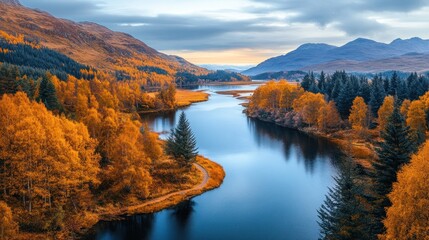 Naklejka premium A serene autumn landscape with a winding river, colorful trees, and distant mountains.