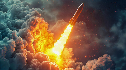 Dramatic Rocket Launch Into Outer Space at Night with Fiery Flames and Clouds