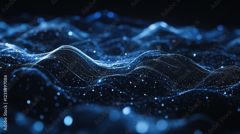 Poster abstract visualization of digital waves illuminated by blue light, showcasing sparkling particles in
