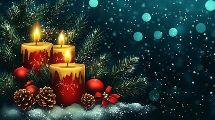 Christmas Candles Festive Winter Scene with Pine and Snow