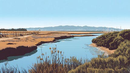 Obraz premium Calm waterway through golden marsh, mountains in background, tranquil scene