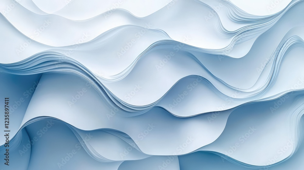 Poster abstract wavy blue and white paper texture showcasing soft folds and layers creating a serene and mo