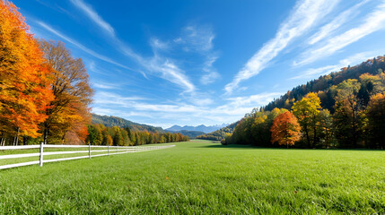 Autumnal valley landscape, vibrant foliage, sunlit meadow, idyllic scenery, perfect for travel brochures