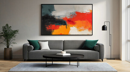 Stylish Modern Living Room with Abstract Artwork and Cozy Decor