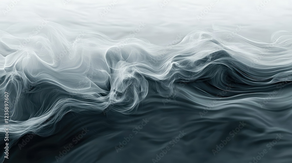 Poster ethereal waves of smoke flowing in grayscale, creating a dreamy oceanic effect with fluid motion and