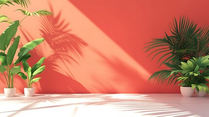 Coral interior with plants and sunlight, perfect for a magazine, catalog, or website