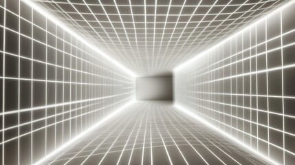 Fototapeta premium Futuristic Tunnel with Neon Lights and Grid Lines, Abstract Perspective of an Infinite Space, Modern Digital Background for Technology and Science Concepts