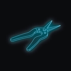 Isometric view of glowing neon blue wire stripping pliers on dark background