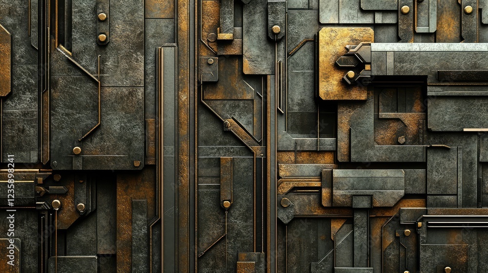 Poster futuristic abstract wall texture featuring geometric patterns and metallic elements in shades of gra