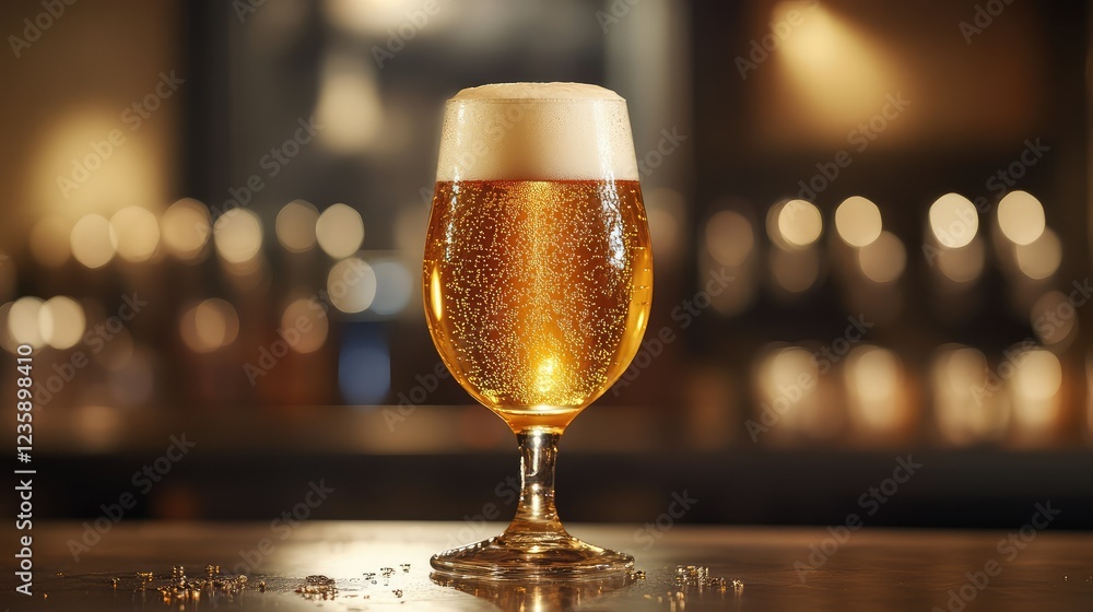 Poster Refreshing Golden Beer in a Glass with Creamy Foam Captured on a Bar Counter with Soft Bokeh Background and Sparkling Bubble Details for Beverage Representation