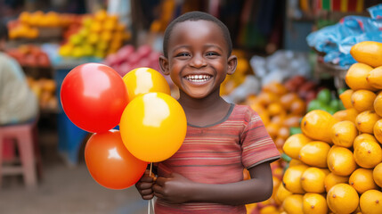 Fototapeta premium An African child holding a colorful balloon, laughing as they stand in front of a vibrant market stall.