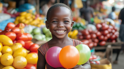 Fototapeta premium An African child holding a colorful balloon, laughing as they stand in front of a vibrant market stall.