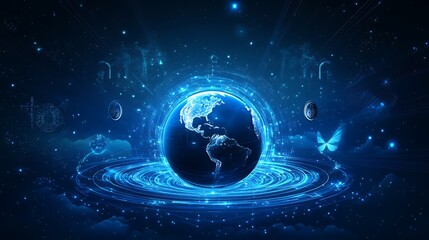 A vector illustration with dark blue hues, Earth surrounded by digital technological rings and satellites, with a moving effect and soft religious symbols in the background.