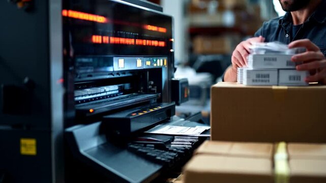 A man working on a machine for printing labels and barcode on boxes in a warehouse