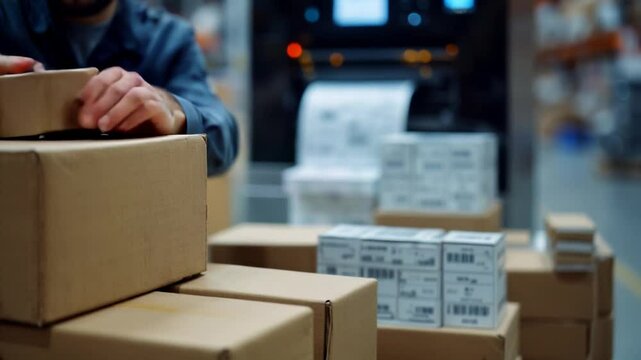 A man working on a machine for printing labels and barcode on boxes in a warehouse