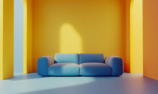 Minimalist living room with blue and mustard yellow sofa, empty space for text or product presentation mock-up background.