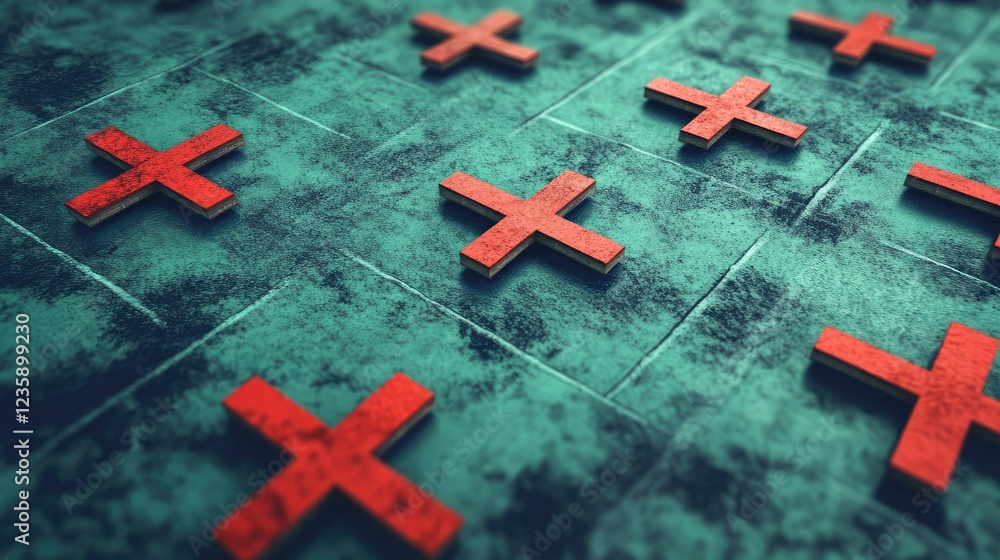 Poster abstract background featuring red crosses on a textured teal surface, creating a striking visual com