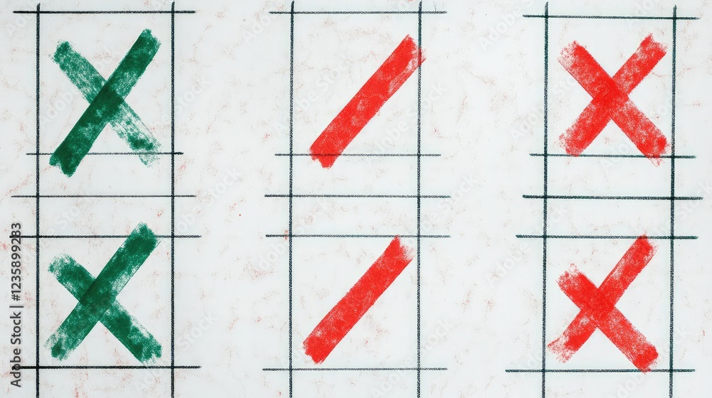 Aufkleber colorful painted marks on white paper with grid patterns showing green checkmarks and red crosses re