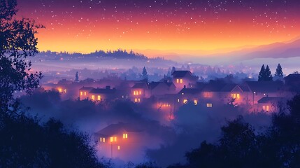 Fototapeta premium Misty valley town at dawn, picturesque houses lit with warm light, perfect for wallpaper or background