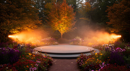 Enchanted Autumn Garden A Serene Stage Set Against a Backdrop of Vibrant Fall Foliage and Misty Illumination