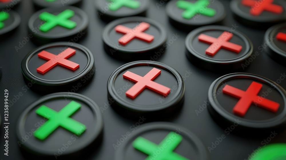 Poster colorful geometric buttons with red and green crosses displayed on a dark background, highlighting c