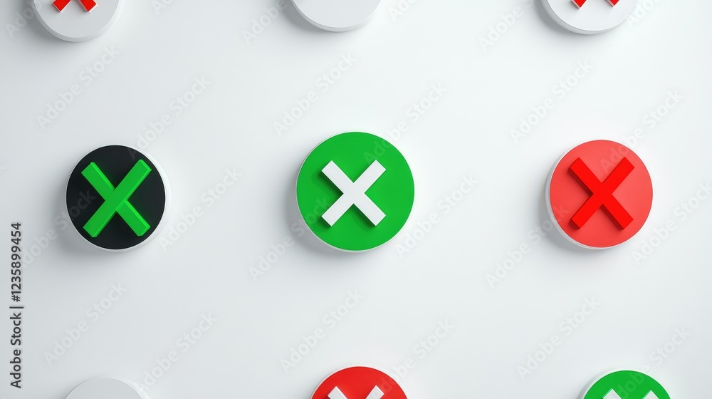 Poster colorful round buttons featuring cross symbols in green, red, black, and white against a clean backg