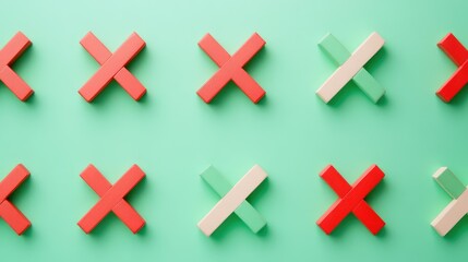 Obraz premium Colorful Wooden Sticks Arranged in a Geometric Pattern with Red, White, and Green Colors on a Mint Background for Creative Design Elements