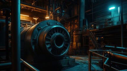 An industrial turbine generates electricity inside a power plant at night, glowing with energy as it powers the facility.