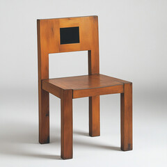 A wooden chair with simple lines and shapes. The backrest has a rectangular cutout containing a black square inside it.