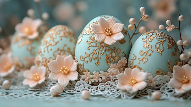 Easter eggs in vintage lace style with flowers. Vintage Easter greeting card. - Powered by Adobe