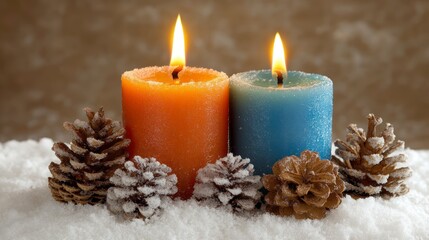 Burning Candles in Snow with Pine Cones Winter Scene
