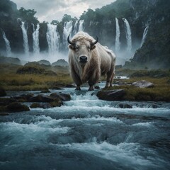 A mystical white buffalo in a dreamlike landscape of floating islands and waterfalls.