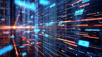 A visually striking 3D depiction of a futuristic data stream, showcasing the advanced nature of data transfer technology. The cyberpunk-inspired scene includes big data, cybersecurity, 