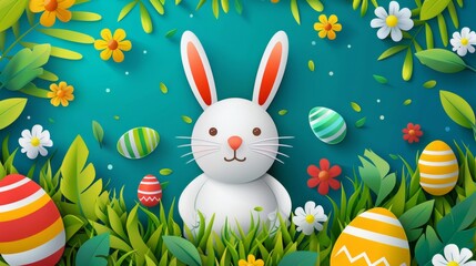 Festive easter illustration featuring bunnies, eggs, and colorful flowers on a blue background