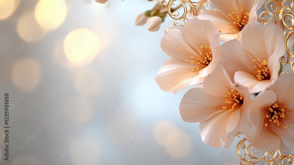 Poster delicate blossom arrangement with golden swirls and soft bokeh background for elegant design project