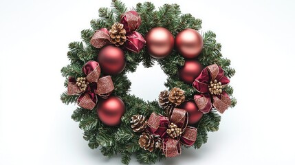 Festive Christmas wreath with burgundy ornaments, pine cones, and ribbons.