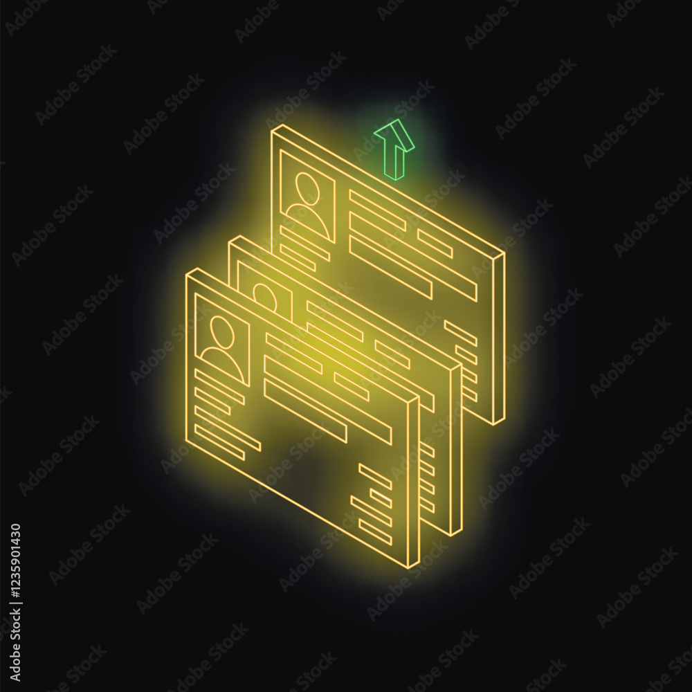 Poster stack of neon yellow files containing personal data moving upwards, symbolizing data management and 