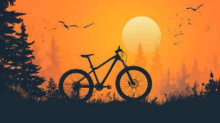 Mountain bike silhouette at sunset forest landscape. Possible use stock photo