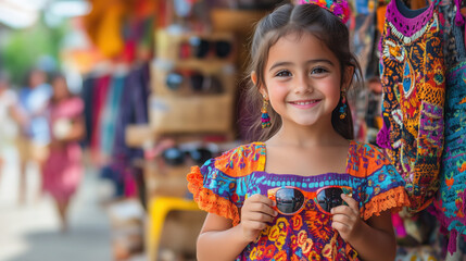 Fototapeta premium A little girl in a colorful dress, smiling as she holds a new pair of sunglasses, standing near a vibrant market.