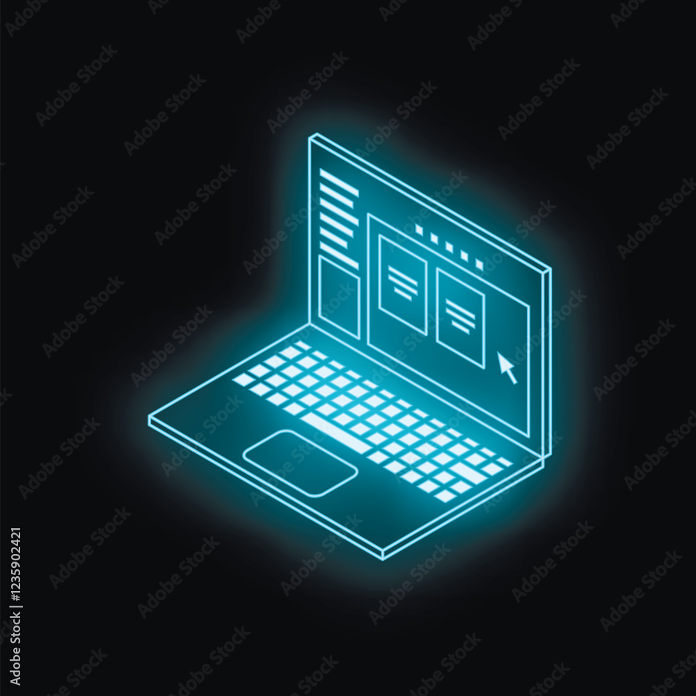 Poster neon blue laptop displaying a graphical user interface, representing modern technology and user expe